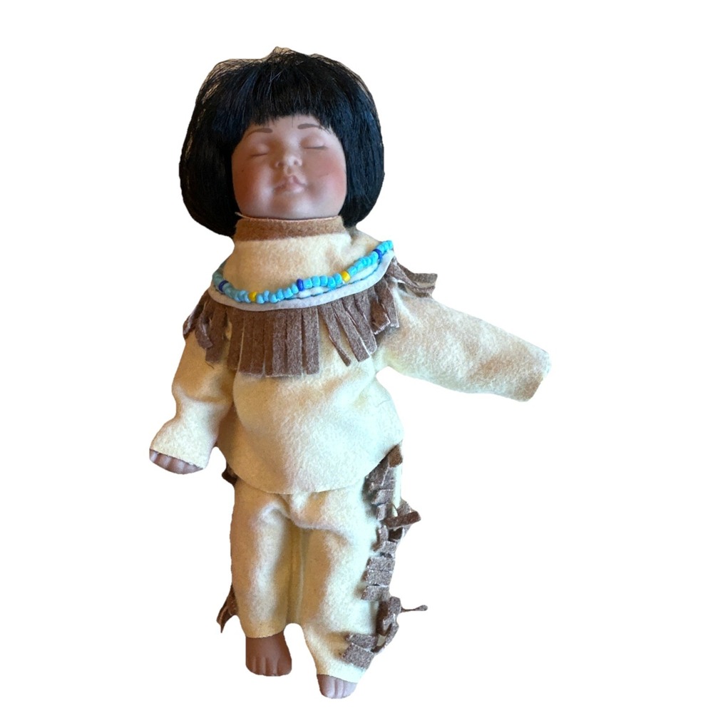 Vintage Sleeping Native American Child Porcelain Doll 5.75" Soft Body Signed